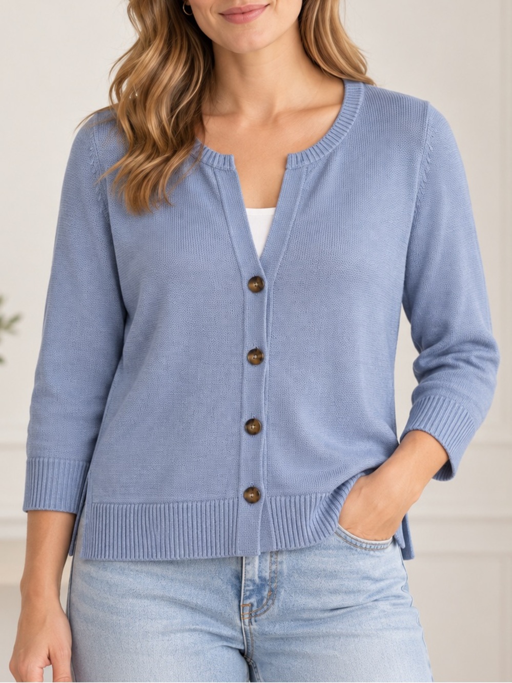 J.Jill Powder Blue Cotton Blend Button Cardigan Coastal Quiet Luxury M